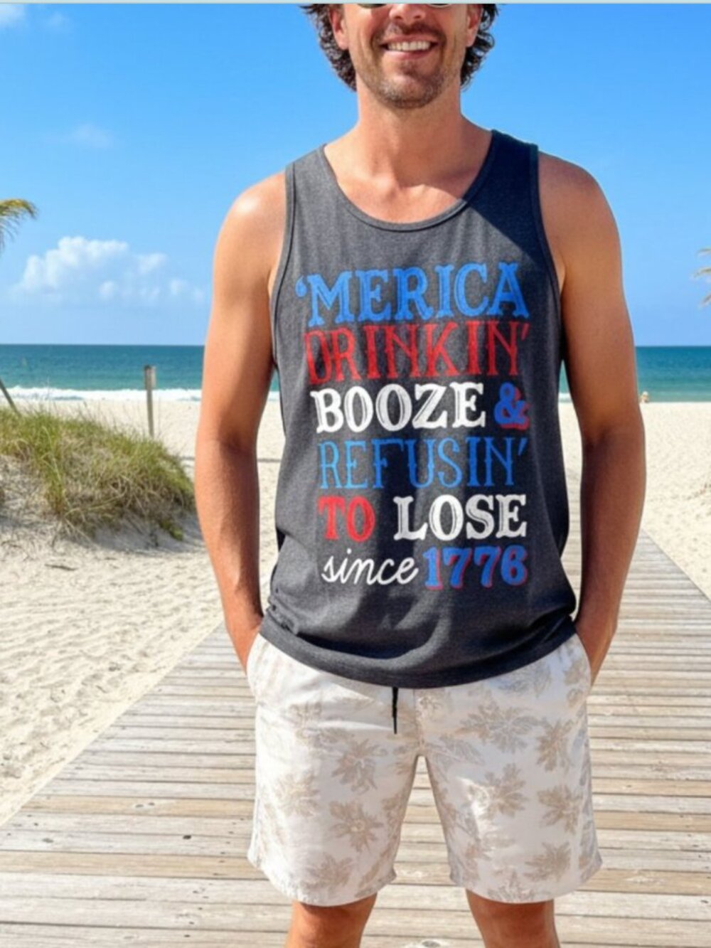 Spencer's Gray Graphic Tank Top Patriotic Americana Booze Humor Men's Size L